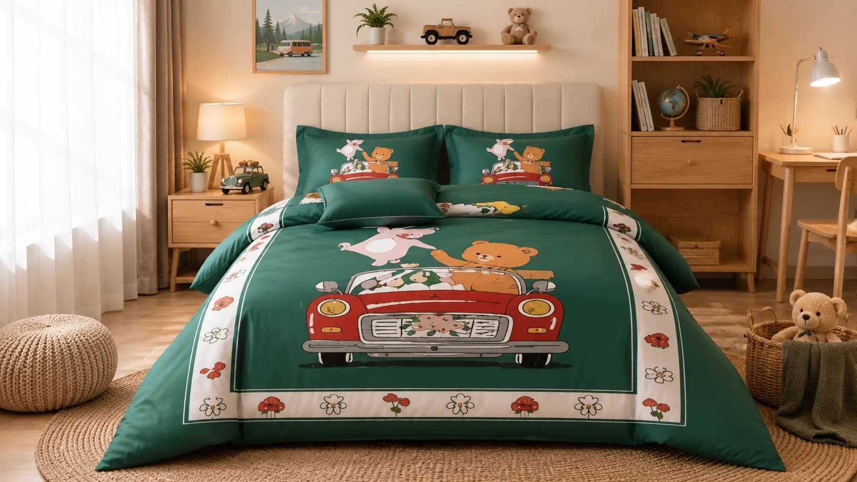 Green generic animal road-trip kids bedding in a warm children's bedroom