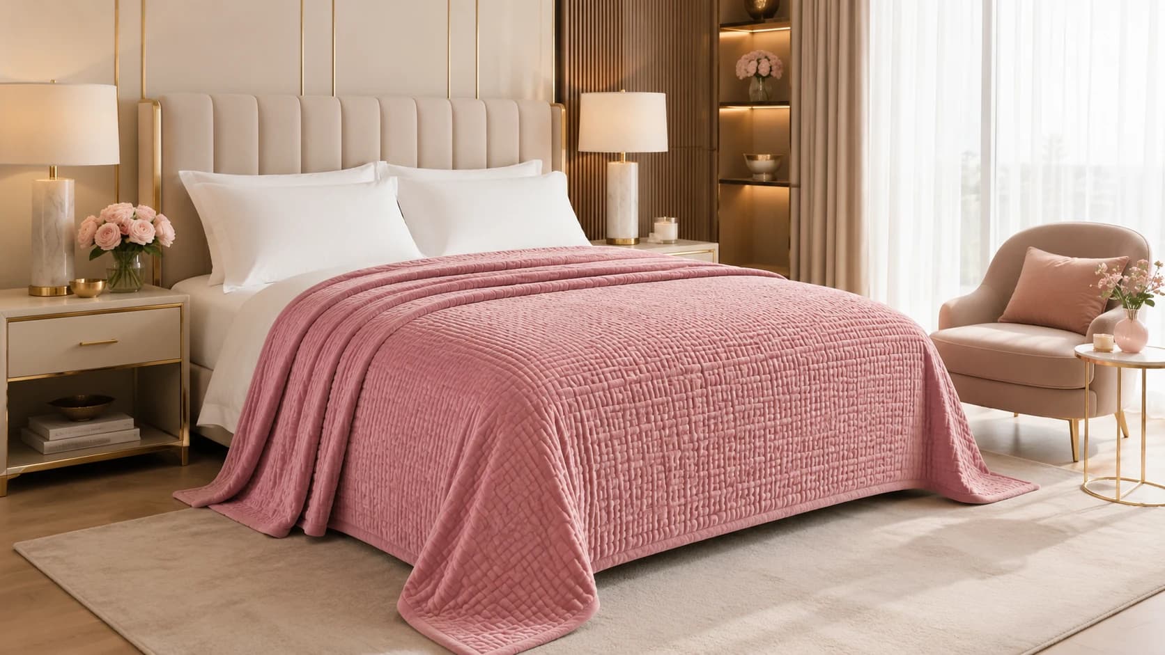 Dusty pink premium coral fleece blanket in a refined bedroom
