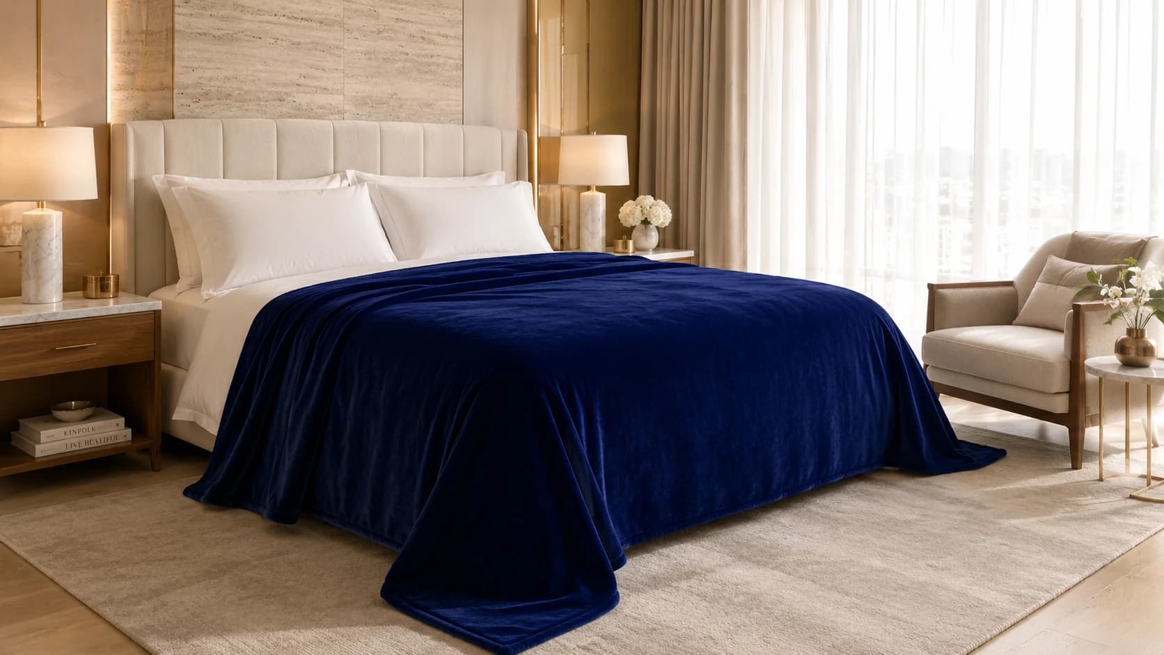 Navy premium flannel blanket displayed in a luxury bedroom