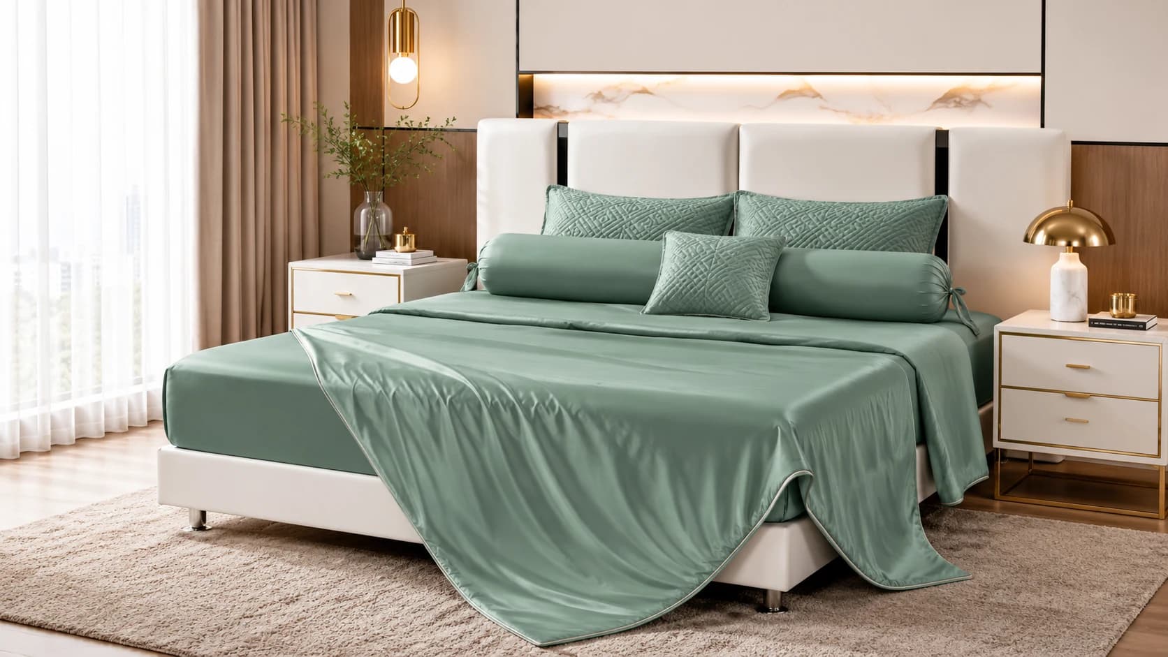Sage green luxury solid color bedding set in a premium bedroom