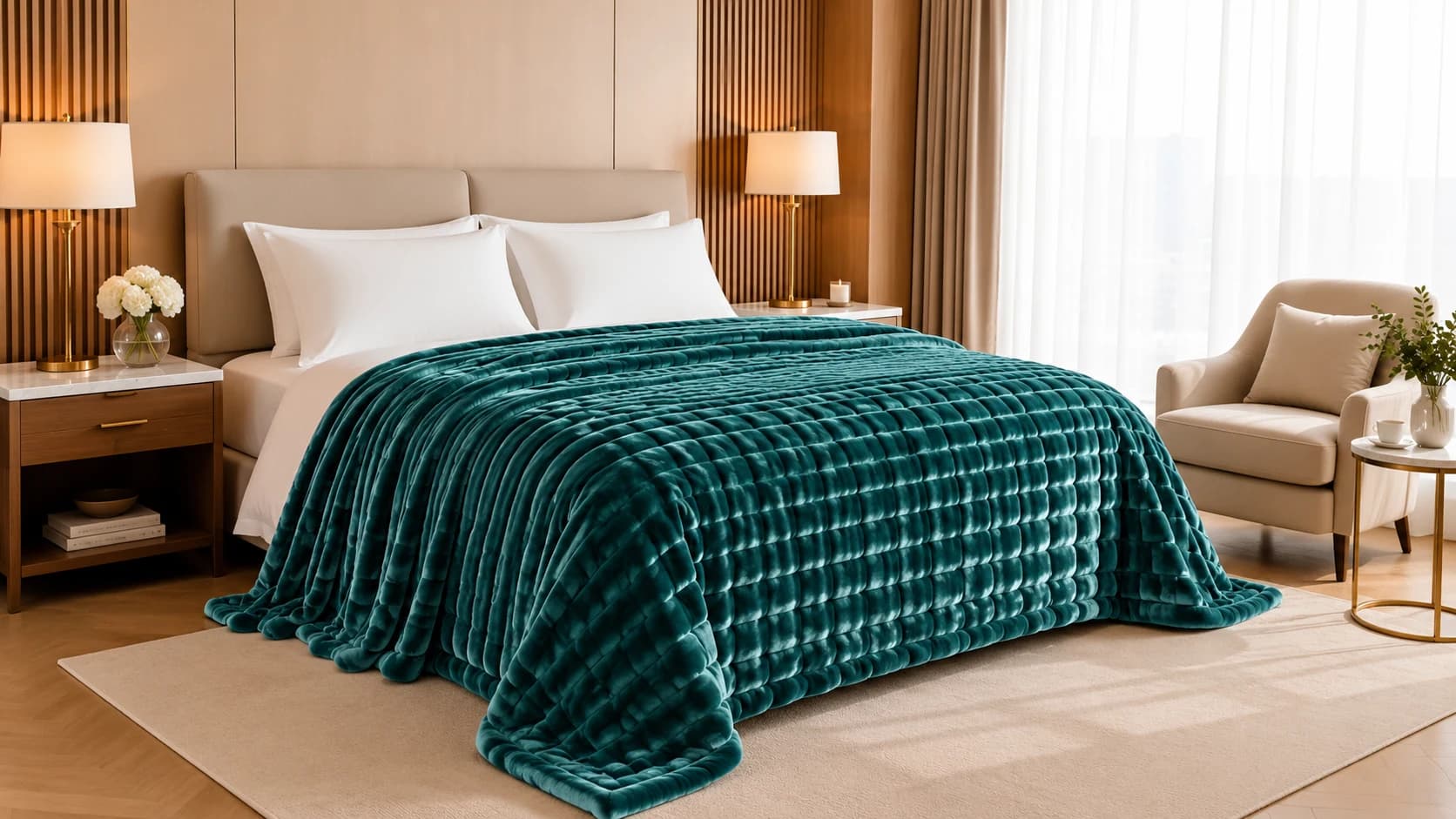 Emerald green premium stripe flannel blanket in a hotel-inspired bedroom